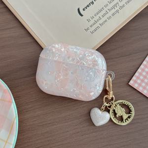 TEMU 에어팟 프로2/4/3/2/1용 핑크 쉘 패턴 케이스, 참 포함