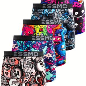 TEMU 5개 남성용 박서 브리프 - 대담한 그래픽 프린트가 있는 신축성 있는 속옷 (해골, 하트, 별, 남성용 박서 쇼트 멀티팩, 남성용 박서 쇼트 플루 사이즈, 남성용 속옷, 남성용 트렁크 PC, 남성용 박서, 남성용 속옷, 남성용 박서 쇼트 사이즈