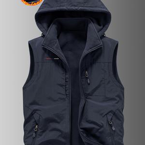 TEMU 가을 겨울 남성용 안감 두꺼운 리버서블 후드 조끼 - 다용도 포켓, 아웃도어 캐주얼 하이킹 낚시 사진 촬영 재킷, 탈착식 후드 디자인