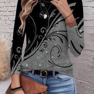 TEMU 원형 디자인, 블랙 앤 그레이 색상, 라인 디자인, 올오버 프린트 라운드넥 긴팔 티셔츠, 캐주얼하고 스타일리시한 여성 상의 - 085