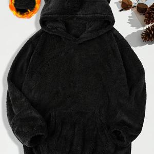 TEMU 남성용 귀덮개 후드와 큰 주머니가 있는 플러시 스웨트셔츠, 따뜻하고 편안하며 가을 겨울 실내외 겸용으로 적합한 참신하고 귀여운 스타일