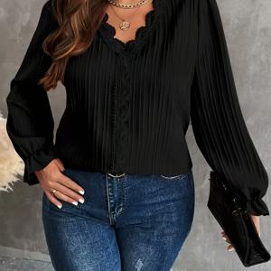 TEMU 플러스 사이즈, 플러스 사이즈 블랙 레이스 V넥 블라우스 - 퍼프 벨 슬리브 & 러플 칼라 - 캐주얼, 오피스, 데이트 나이트용 우아한 롱 슬리브 셔츠 - 겨울 가을 상의 (논스트레치 와이더 핏) - 세탁기 사용 가능