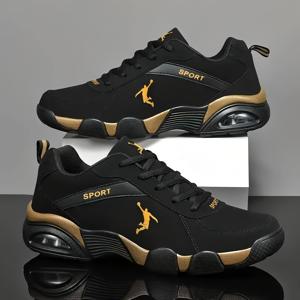 TEMU [스니커즈] 남성용 운동 캐주얼 신발, 두꺼운 충격 흡수 TPU 밑창, 아치 지지, 패딩 안창 특징. 블랙 앤 화이트 색상 조합으로 제공, 헬스장 운동, 러닝에 적합