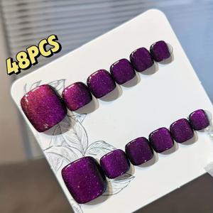 TEMU 24/48개 보라색 와이드 라이트 캣아이 프레스 토네일, 숏 스퀘어 반짝이 네일 키트 - 여성 데이트, 특별한 날, 일상 착용에 적합, 심플하고 다용도 휴일 선물, 젤리 글루 및 문지르기 스트립 포함