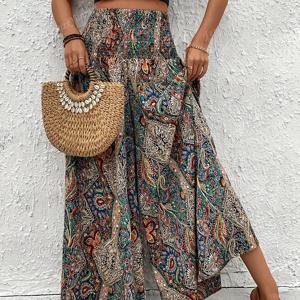 TEMU 봄-여름-가을 여성 패션 캐주얼 팬츠, 우아한 스타일 고무밴드 허리 하이웨이스트 와이드 레그 트라우저|여름바지