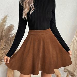 TEMU 여성용 코듀로이 플레어 스커트, 캐주얼 하이웨이스트 숏 스커트