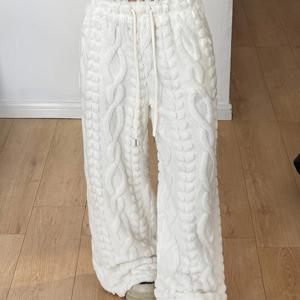 TEMU 여성용 겨울 따뜻한 두꺼운 퍼리 와이드 레그 팬츠 - 우아한 루즈핏 트라우저, 조절 가능한 드로스트링 허리, 단색 (블라우스/스커트/드레스와 호환), 세탁기 사용 가능한 추운 날씨 의류