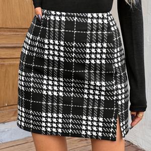 TEMU 여성용 빈티지 하운드투스 프린트 A라인 스커트, 사이드 슬릿 디자인으로 캐주얼 오피스룩 및 스트리트 스타일에 완벽
