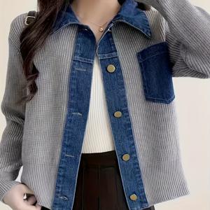 TEMU 여성용 니치 디자인 패치워크 데님 스웨터 재킷, 2025년 신상 겨울 컬렉션, 스타일리시하고 따뜻한 가디건, 빈티지 데님 패치워크 봄/가을 아우터, 소형 여성용 숏 폴로 칼라 재킷