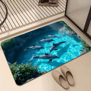 TEMU 미끄럼 방지 해양 테마 욕실용 샤워 욕조 매트 - 돌고래 & 터키스 바다 디자인 부드러운 욕실 매트, 미끄럼 방지 뒷면, 욕실, 주방, 세탁실에 적합 - 크리스마스/ 데이 선물로 이상적