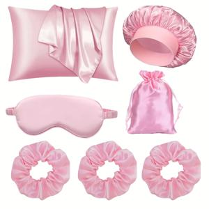 TEMU 7pcs 여성용 수면 미용 도구 세트, 단색 분리형 새틴 베갯잇, 헤어 케어 샤워 캡, 자외선 차단 수면 마스크, 머리끈 및 머리끈 보관