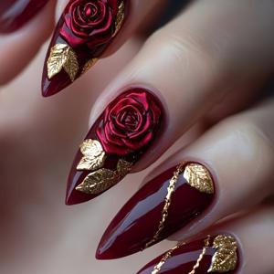 TEMU 데이 프레스온 네일 24pcs - 아몬드형 미디엄 길이, 레드 & 골드 장미 글리터, 여성용, 파티, 웨딩, 프롬 - 선물, 네일 아트 데코 (24개)