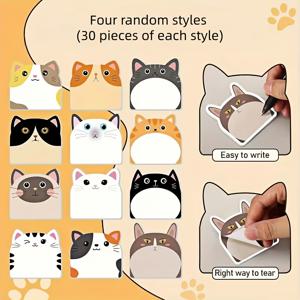 TEMU 귀여운 고양이 스티커 메모지 120장 - 4가지 랜덤 디자인, 각 30장, 창의적인 다이어리 메모패드, 노트북 및 다양한 메모 작성에 적합
