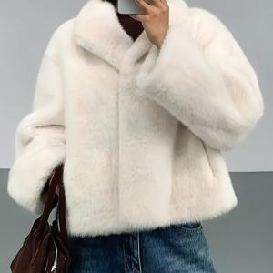 TEMU 여성용 숏 크림 페이크 코트, 따뜻하고 두꺼운 겨울용, 플러시 칼라의 루즈핏