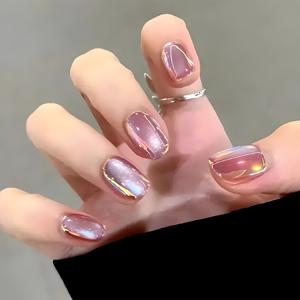 TEMU 30개 짧은 광택 오로라 무지개빛 캣아이 재사용 가능 여성용 프레스온 인조네일 + 젤리 글루 1개 + 네일 파일 1개