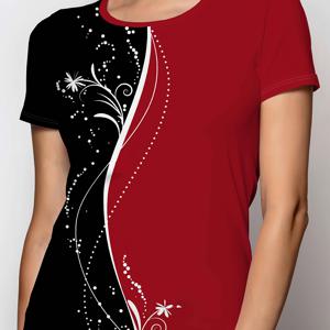 TEMU 불규칙한 블랙 앤 레드 레이스 트림, 여성용 라운드넥 반팔 티셔츠, 스타일리시하고 활용도 높은 여성 의류