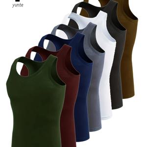 TEMU 7피스 세트 밀리터리 그린, 딥 레드, 네이비 블루, 그레이, 화이트, 블랙, 카키 남성용 조끼, 스타일리시, 통기성, 편안함, 속건성 스포츠 탱크 탑, 캐주얼 단색 탑, 남성 여름 의류, 남성 언더셔츠|남자나시