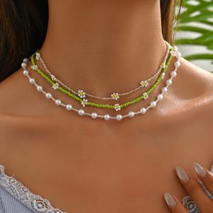 TEMU 여성을 위한 스타일의 3개 세트의 초콜릿 비즈와 인조 진주 꽃 레이어드 넥레이스 - 캐주얼한 의상과 파티에 적합한 다용도 넥레이스 세트, 화이트 K 골드 플레이트