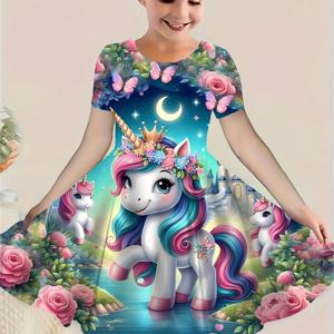 TEMU 신규 키즈 3D 유니콘 그래픽 반팔 드레스 스커트 봄 여름 캐주얼 만화 프린트 옷 세트 탑