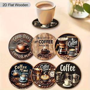 TEMU 6pcs 빈티지 커피 타임 나무 코스터 세트 - 커피 테마 디자인을 갖춘 열 저항 매트 코스터, 가정, 주방, 사무실, 바, 레스토랑 장식에 완벽, 새로운 집 선물에 이상적 | 레트로 커피 디자인 | 열 저항 매트, 커피 바 액세서리
