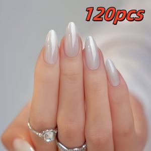 TEMU 오로라 화이트 & 문라이트 스타일의 120개입 진주 흰색 중간 길이 아몬드 모양 프레스온 네일 세트 (젤리 글루 & 파일 포함), 데일리 착용에 완벽한 여성용