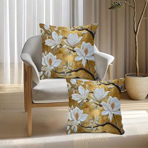 TEMU 2개 세트 장식용 쿠션 커버 - 지퍼 포장 골든 플로럴 디자인, 우아한 보타니컬 팜하우스 스타일 거실/침실/사무실 인테리어 소품 - 기계 세탁 가능 폴리에스터 사각 베개커버 (내부 충전재 불필요) - 집들이/웨딩 파티 장식, 스타일, 쉬운 관리, 인테리어 디자이너용|인테리어소품