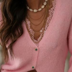 TEMU 여성용 V넥 가디건 - 라인스톤 장식 레이스 엣지 칼라, 솔리드 스웨터, 긴소매 오픈 프론트, 스타일리시 캐주얼 엘레강스|가디건