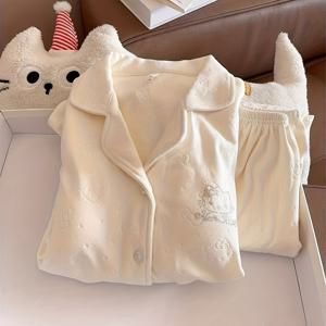 TEMU 여성용 가을/겨울 캐릭터 귀여운 고양이 프린트 긴팔 긴바지 보온 잠옷 (패딩 브라 포함) 홈웨어|잠옷|냉장고바지|옷