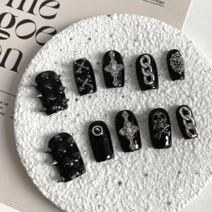 TEMU 10개 블랙 스터드 스위트 쿨 스파이시 라인스톤 탈부착 프레스온 네일팁 + 젤리 글루 & 네일파일 세트, 선물