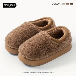 TEMU 새로운 겨울 여성용 슬리퍼, 부드러운 밑창, 두꺼운 플랫폼, 플러시 안감, 가정용, 보온, 외출용, 키높이, 미끄럼 방지, 앞코가 막힌, 커플용 실내화, 여성 신발