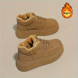 TEMU 여성용 한국식 겨울용 두꺼운 밑창 미드탑 스니커즈 - 레이스업 캐주얼, 따뜻한 안감, PVC 밑창 & 둥근 토, 날씨, 일상 착용 및 (손세탁 가능), 여성 신발|운동화|신발|여성운동화