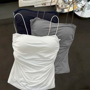 TEMU 여성용 우아한 민소매 로우넥 블라우스 3pcs - 미디엄 스트레치 솔리드 컬러와 허리 주름 디자인, 봄 여름 아웃핏을 위한 모든 민소매 셔츠, 캐주얼 & 드레시 웨어 (손세탁 가능)