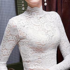 TEMU 우아한 긴팔 레이스 탑 | 하이넥, 단색, 시어 섹시 여성용 티셔츠, 봄/가을 레이어링에 적합