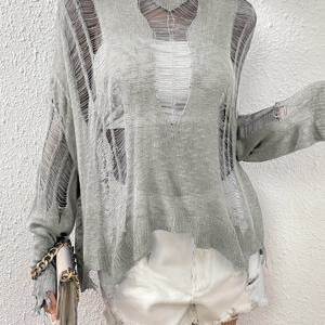 TEMU 2026 유럽 및 미국 스타일 여성용 루즈핏 긴팔 단색 상의, 속이 빈 커버업 셔츠, 찢어진 풀오버 스웨터