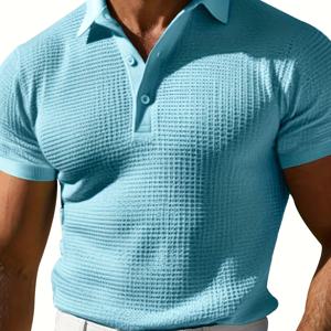 TEMU 패셔너블한 와플 텍스처 남성용 폴로 셔츠, 칼라, 반팔, 단색. 남성용 단품, 여름 워크 스타일에 적합, 포멀 디자인, 약간의 스트레치 니트 원단, 버튼 칼라