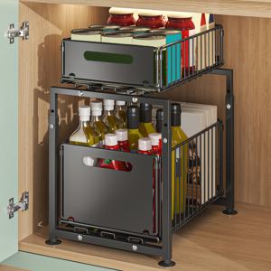 TEMU 1개, 2단, 풀아웃 수납 선반, 주방 캐비닛 슬라이드 아웃 수납 바구니, 구멍 뚫기 필요 없는 접이식 싱크대 아래 수납 선반, 흡착컵 포함, 스파이스 선반, 스낵 선반, 다기능 금속 와이어 수납 박스, 가정용 소품, 주방 액세서리|싱크대