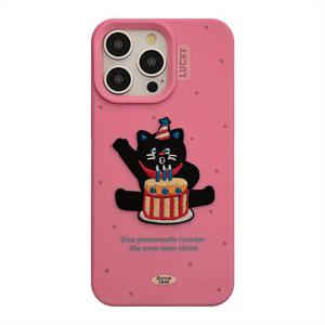 TEMU 아이폰 16/15/14/13/12 시리즈용 트렌디한 블랙 캣 자수 소프트 폰 케이스