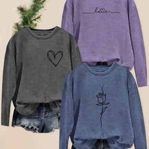 TEMU 3pcs 여성용 빈티지 감성 롱 슬리브 티셔츠, 하트 & 로즈 프린트 - 부드러운 스트레치 라운드 넥 탑, 봄 여름 가을, 캐주얼 & 공식 의류, 여성용 티셔츠