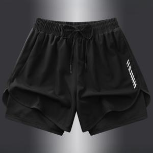 TEMU 남성용 캐주얼 애슬레틱 반바지, 반투명 탄력 핏, 패셔너블 3/4 바지, 2-in-1 룩, 헬스 트레이닝 스포츠 반바지