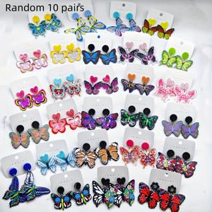 TEMU 랜덤으로 10쌍 선택된 새로운 가을/겨울 나비 프린트 귀걸이 (대비되는 색상), 다채롭고 미니멀한 디자인, 아크릴 소재, 귀핀 포함