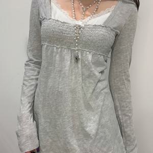 TEMU 일본 및 한국 스타일의 컬러 블록 레이스 패치워크 2-in-1 룩 A라인 티셔츠, 귀여운 로리타 스타일의 러플 버스트 사각 네크라인 긴팔 상의, Y2K 봄/가을 시즌