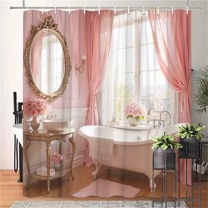 TEMU 빈티지 클로풋 욕조 샤워 커튼 1개 - 우아한 화이트 클로풋 튜브 & 핑크 장미 디자인, 부드러운 핑크 & 화이트 색상, 고급 폴리에스터 욕실 장식, 후크 12개 포함, 세탁기 사용 가능 70.8x70인치
