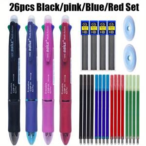TEMU 26개/세트 고품질 다기능 지우개 젤펜, 4색 볼펜 0.7mm 리필 및 0.5mm 자동연필, 미술 그림 사무용 필기구 (펜 4개+리필 16개+심 4개+지우개 2개)