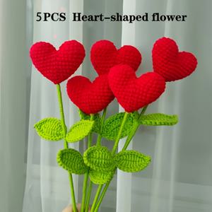 TEMU 3개/5개 수제 크로셰 하트 부케 - 빨간 실 사랑의 꽃과 초록 줄기, 발렌타인데이, 어버이날, 특별한 날 선물로 완벽