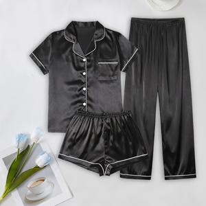 TEMU 세련되고 편안한 디자인의 봄/여름용 여아용 3피스 세트. 반팔 셔츠, 탄성 롱 팬츠, 탄성 반바지 포함. 잠옷으로 완벽하며, 십대에게 적합합니다.