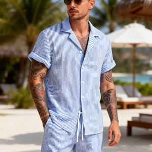 TEMU 남성 패션 버블 통기성 대조 버튼 사선 포켓 드로스트링 슈트 칼라 오픈 프론트 디자인, 데일리 캐주얼 비즈니스에 다용도, 땀 없는 여름 히트 투피스 세트