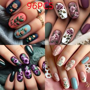 TEMU 꽃무늬가 있는 96개 중간 길이 스퀘어 프레스온 네일 - 혼합 색상 광택 인조 손톱, 여성용 일상 및 파티용, 매일 착용, 액세서리 포함, 네일 접착제 & 파일 제공