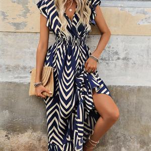 TEMU 여성용 우아한 V넥 기하학 프린트 A라인 맥시 드레스 - 나비 소매 & 러플 밑단, 세탁기 사용 가능 사계절 멀티 롱드레스, 여름 패션, 스타일리쉬 스트로우 액세서리