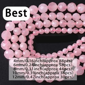 TEMU 88/58/44/36/30개 A+ 천연 마다가스카르 핑크 로즈 쿼츠 면처리 스톤 비즈, 주얼리 만들기 DIY 팔찌 액세서리용 4/6/8/10/12mm 15인치