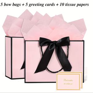 TEMU 그녀/남자를 위한 선물 20개입 우아한 재사용 가능 종이 선물 가방 세트 = (리본 장식 선물 가방 5개, 인사말 카드 5개, 티슈 페이퍼 10매), 파티 답례품 가방, 결혼식용 감사 선물 가방, 브라이덜 샤워, 신부 들러리, 어버이날, 생일, 샤워